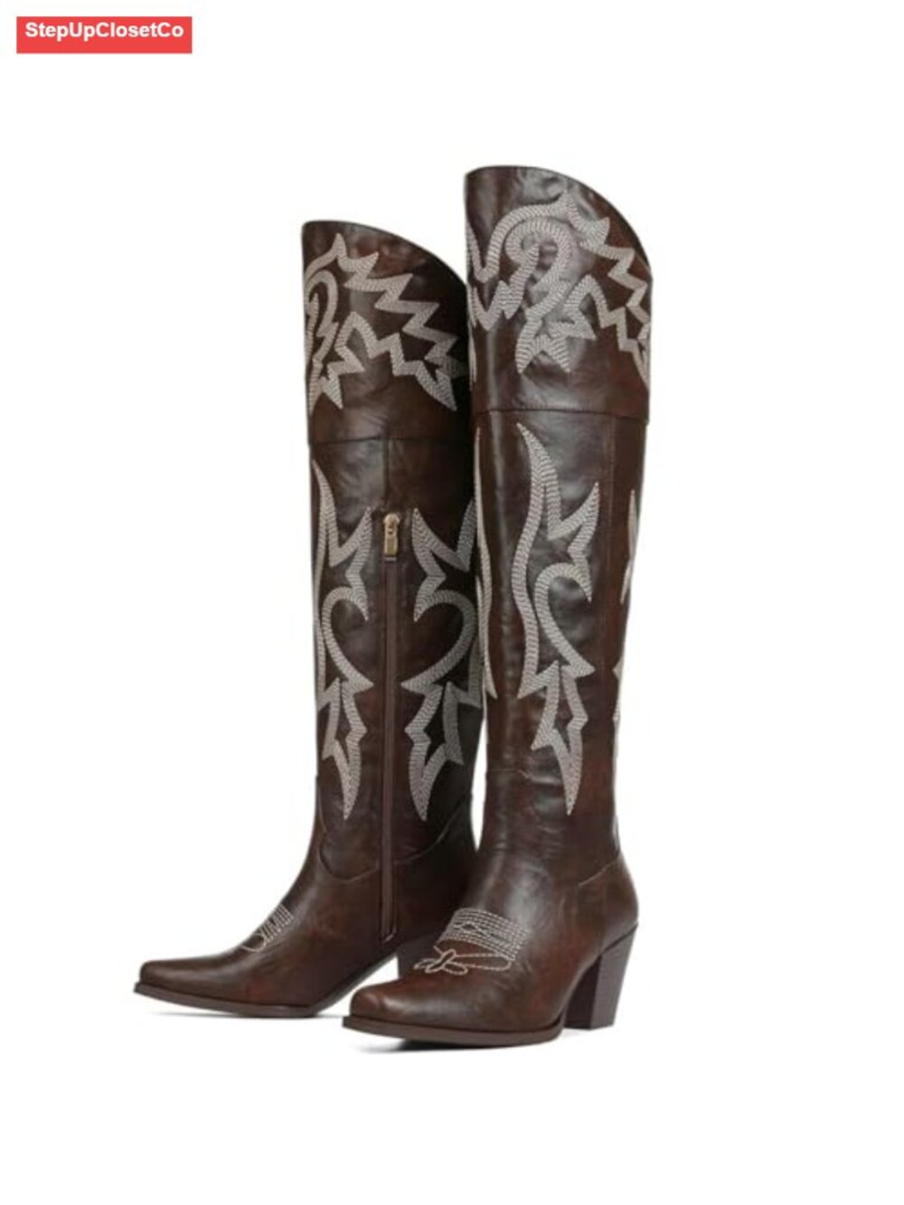 Embroidered Over-the-Knee Cowboy Boots Tall Faux Leather